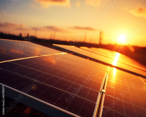 Solar panels at sunset, close up, focus on photovoltaic cells, with rich and warm colors, Double exposure silhouette with the setting sun photo