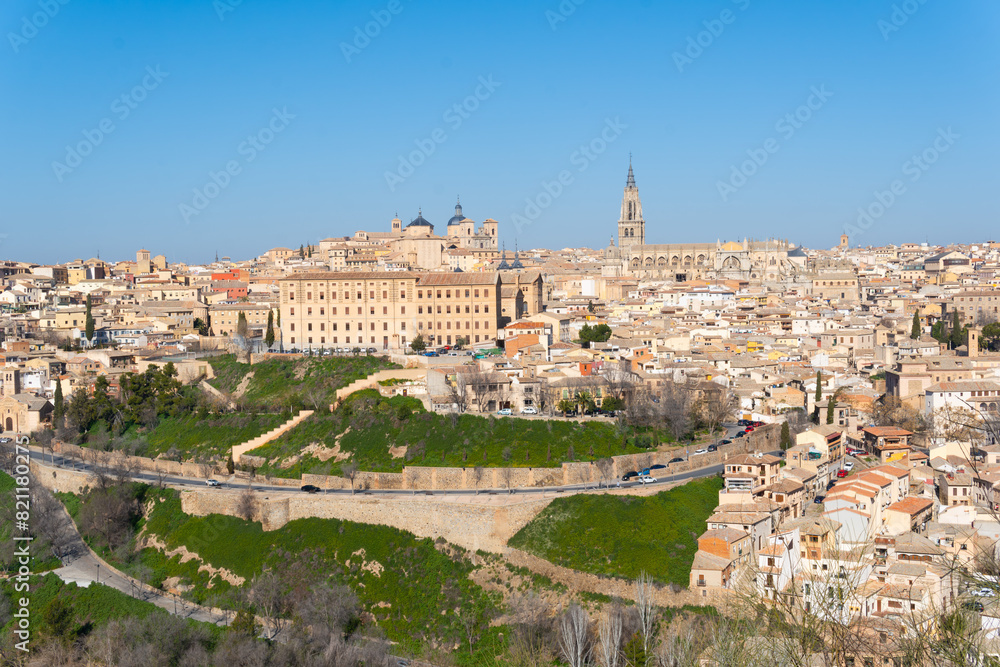 aerial view of the whole city of Toledo, in Spain, Europe. Very touristic old monumental city. Great castles and churches aerial view of the whole city of Toledo, in Spain, Europe. Very touristic old monumental city. Great castles and churches