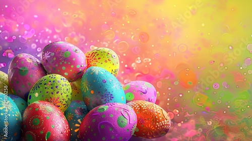 Colorful Easter eggs stacked on a table, vibrant and whimsical photo