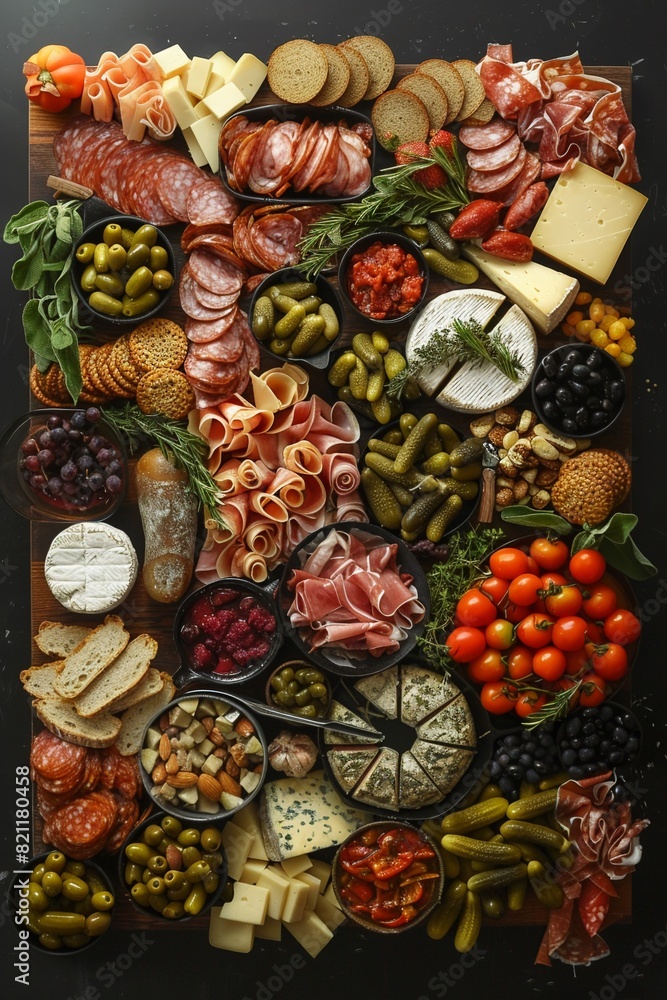 A wooden board filled with various types of cheese, cured meats, olives, nuts, and crackers.