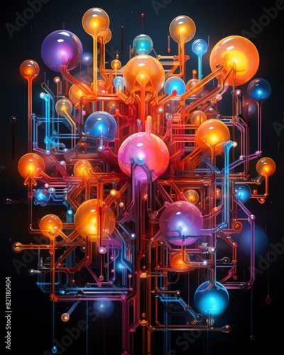 Minimal digital painting of a molecular assembler synthesizing a new compound, close-up on the intricate chemical bonds, in a vibrant array of neon colors