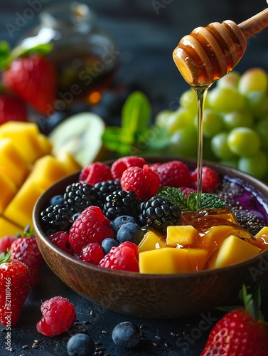 A wooden bowl filled with fresh berries and fruit.