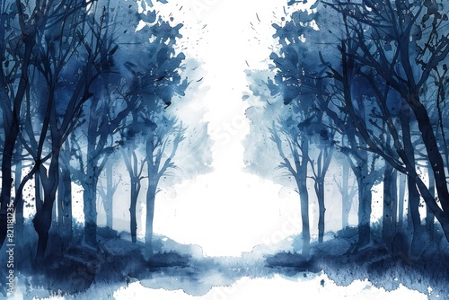blue forest watercolor post card landscape with central white copyspace photo