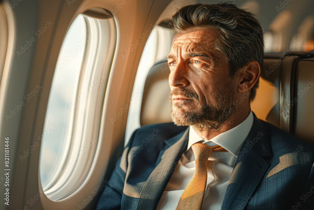 a thoughtful businessman in a tailored suit, gazing out of the airplane window, with a focus on his reflective expression and the luxurious interior. a thoughtful businessman in a tailored suit, gazing out of the airplane window, with a focus on his reflective expression and the luxurious interior.