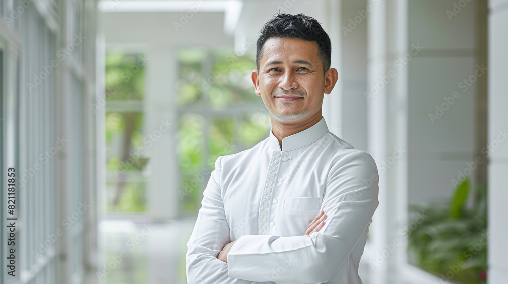 A charismatic figure clad in a crisp white kandura and gutra, exuding elegance in a minimalist office setting, his poised and welcoming stance offering a glimpse into a modern A charismatic figure clad in a crisp white kandura and gutra, exuding elegance in a minimalist office setting, his poised and welcoming stance offering a glimpse into a modern