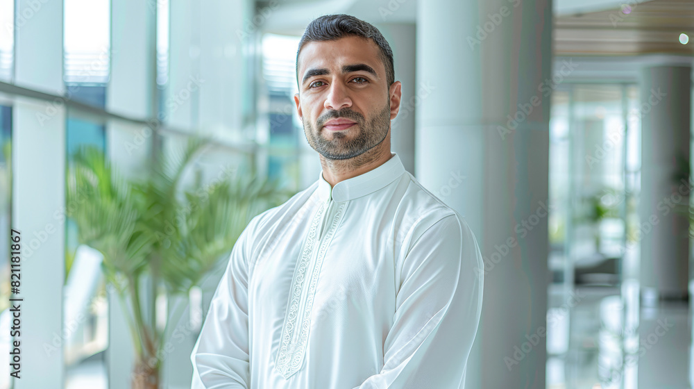 A charismatic figure clad in a crisp white kandura and gutra, exuding elegance in a minimalist office setting, his poised and welcoming stance offering a glimpse into a modern A charismatic figure clad in a crisp white kandura and gutra, exuding elegance in a minimalist office setting, his poised and welcoming stance offering a glimpse into a modern
