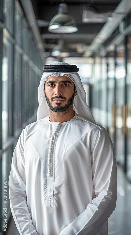 a man in traditional Middle Eastern attire in a state-of-the-art office environment, his confident gaze and the dignified attire contrasting with the modernity of his workplace a man in traditional Middle Eastern attire in a state-of-the-art office environment, his confident gaze and the dignified attire contrasting with the modernity of his workplace