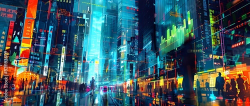 Futuristic Metropolis Skyline with Neon Lights and Skyscrapers in a Bustling Urban Landscape at Night photo