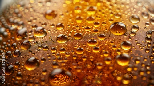 A close up of a glass of beer with droplets of condensation on the outside