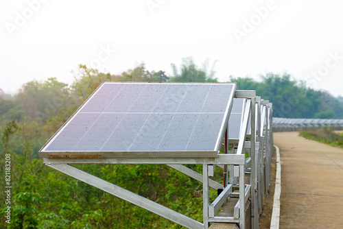 Solar power generation station, they installed several solar panels on a concrete barrier along the river to generate electricity to pump water for agricultural use.