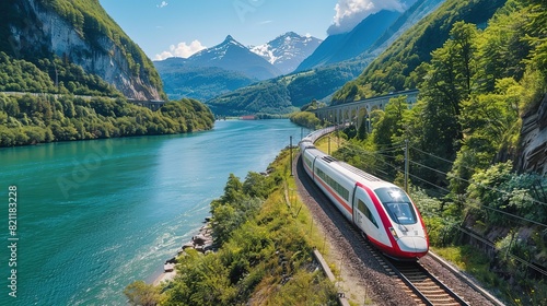 Fototapeta Naklejka Na Ścianę i Meble -  high-speed train driving through a beautiful landscape with a river and a forest - preserving nature with sustainable transportation