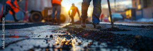 Close-up of road workers doing asphalt paving work at sunset with focus on the hot, steaming asphalt and tools photo