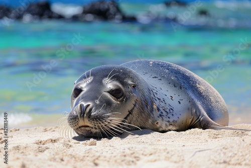 Hawaiian Monk Seal Resting on a Beautiful Sandy Beach. Created with Generative AI.