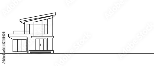 Modern house or commercial building in continuous line art drawing style. Modern architecture sketch isolated on white background. Vector illustration