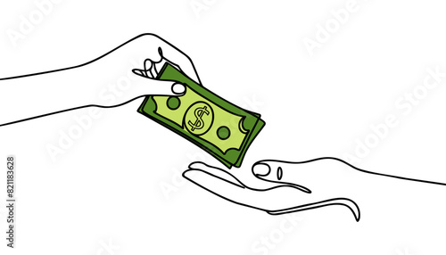 Continuous one line drawing hand receives money from the other hand. Wealth and prosperity concept. Vector illustration.
