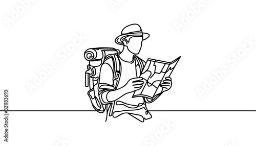 Single one line drawing. Hiker looking at a map. Adventure in mountainous terrain. Hiking, adventure tourism, travel. Vector illustration
