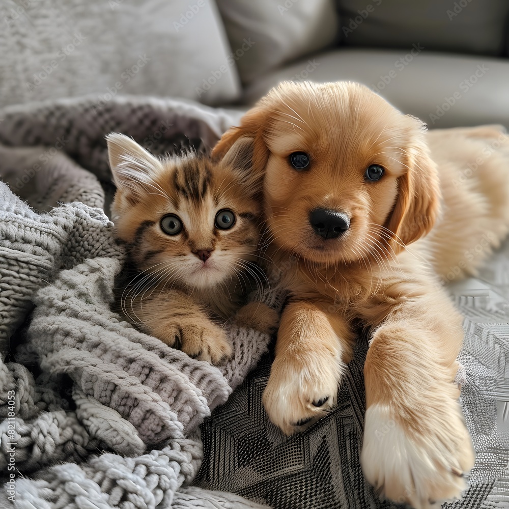A playful kitten and puppy in a cozy A playful kitten and puppy in a cozy