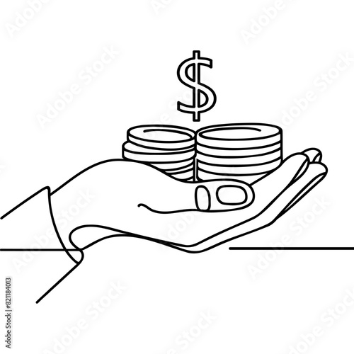 Hand holding coins continuous one line drawing art. Business linear symbol. Savings money concept. Vector isolated on white background.