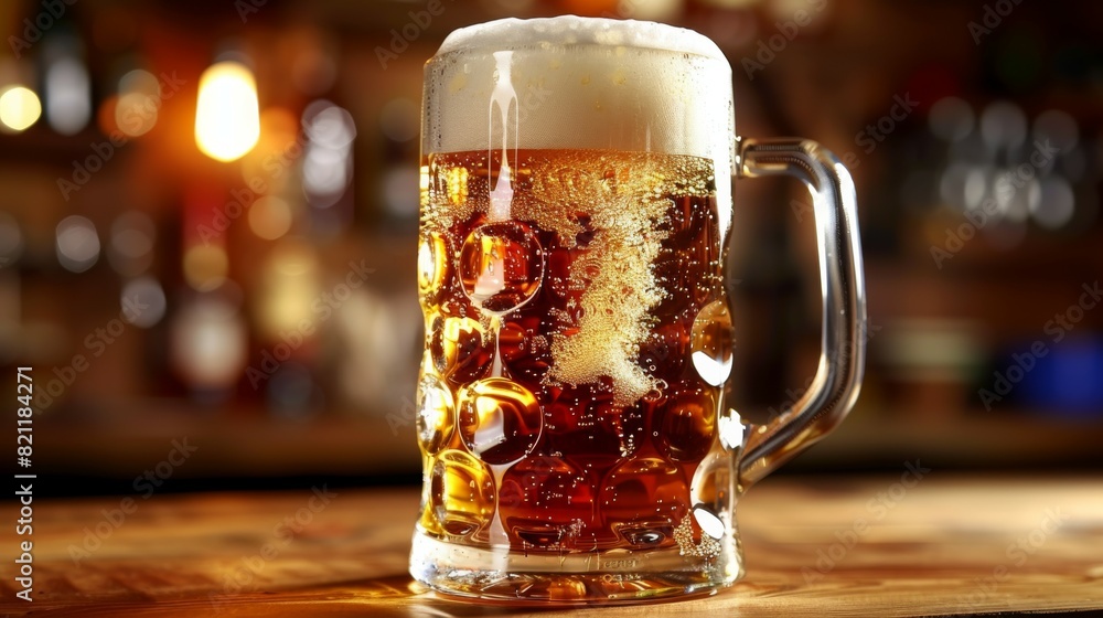 A glass of beer is sitting on a wooden table A glass of beer is sitting on a wooden table