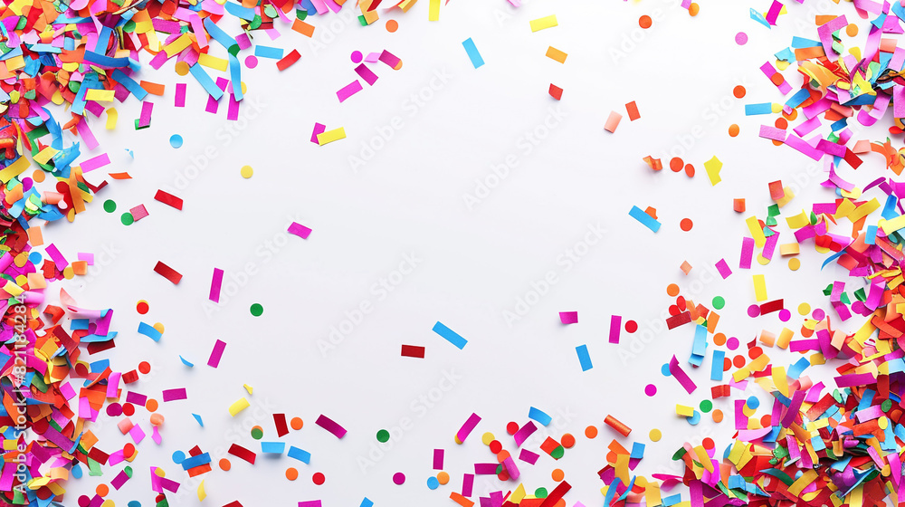 A vibrant confetti background with an empty space for your message, providing a lively and engaging visual for promoting your special event, product launch, or seasonal sale on solid white background,
