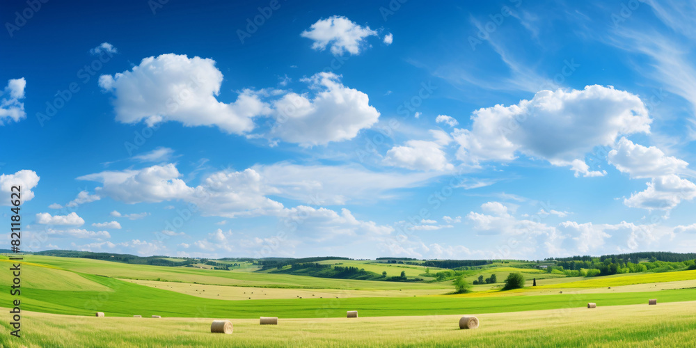 Panoramic nature landscape with green grass and hay bales. Panoramic nature landscape with green grass and hay bales.