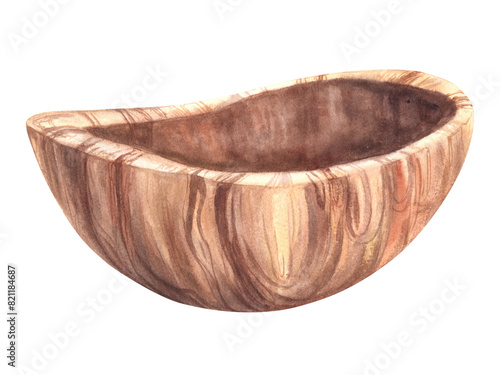 Wooden Bowl. Watercolor empty olive wood food kitchen utensil or brown ecological tableware. Hand drawn illustration. Watercolour clipart for menu, products packaging print. Isolated white background