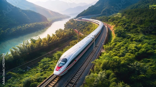 high-speed train driving through a beautiful landscape with a river and a forest - preserving nature with sustainable transportation