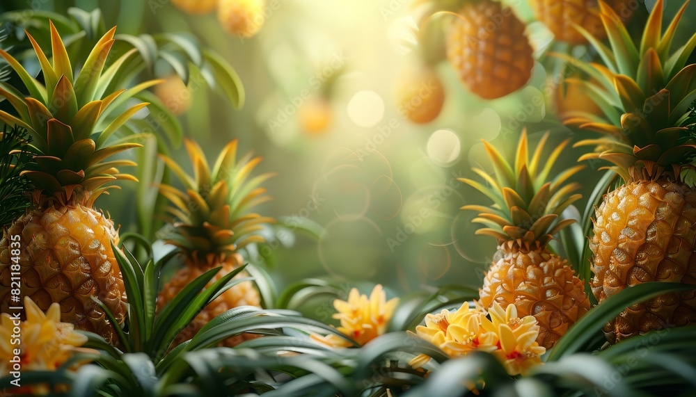 A close up of a bunch of yellow pineapples in a lush green field by AI generated image A close up of a bunch of yellow pineapples in a lush green field by AI generated image