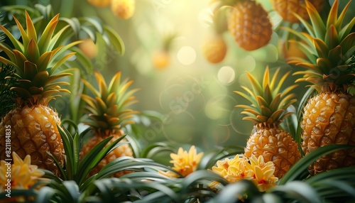 A close up of a bunch of yellow pineapples in a lush green field by AI generated image