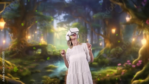 Smiling woman looking around by VR surround wonderful fairytale forest with maple leaves falling at steam water in meta magical world like fairy tale jungle timer tale fantasy landscape. Contraption. photo