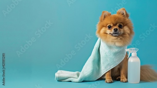 Pomeranian Spitz dog wrapped in a towel with a groomer holding a spray bottle nearby, set against a blue background for a professional pet grooming scene photo