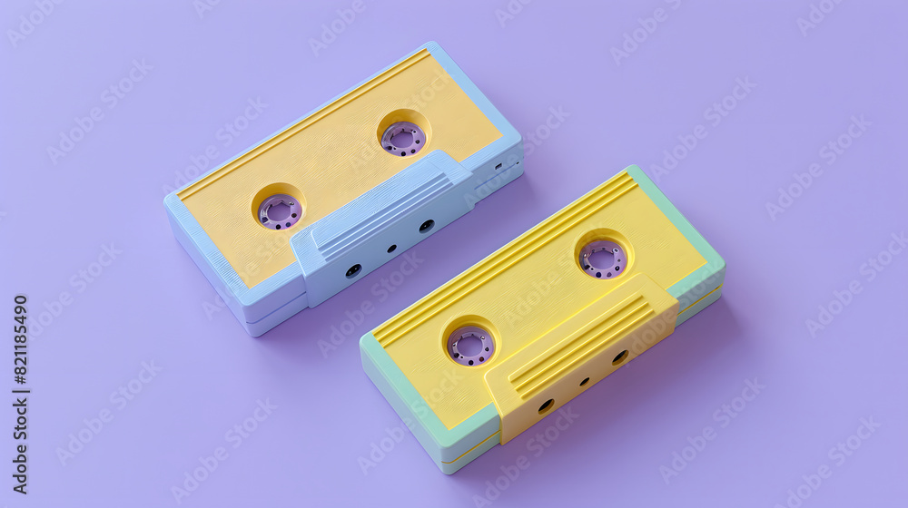 Obraz premium Two radio cassettes on a pastel purple background. Flat lay concept.