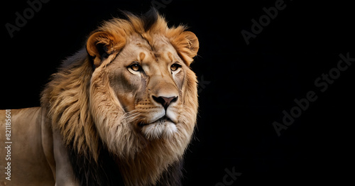  A majestic lion with a thick mane gazes intently into the distance against a black background © mudasar