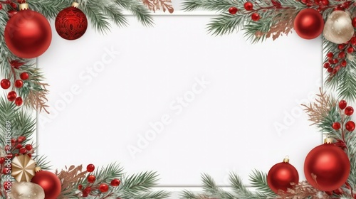 Christmas decorative frame with red balls, spruce needles, holly berries and glitters on white background, copy space. photo