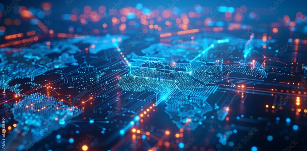 Obraz premium A computer generated image of a city with a blue and orange background