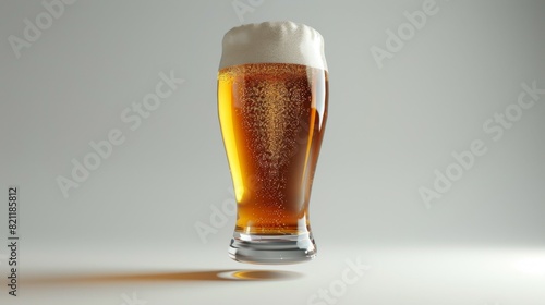 A glass of beer is shown with foam on top, brewery advertisement photo