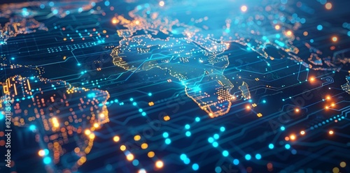 A computer generated image of a globe with a blue background and a yellow