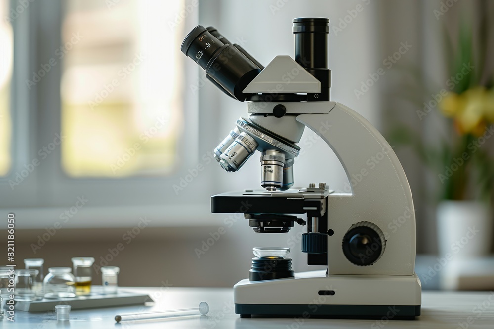 A microscope is on a table with a potted plant in the background, scientific laboratory A microscope is on a table with a potted plant in the background, scientific laboratory