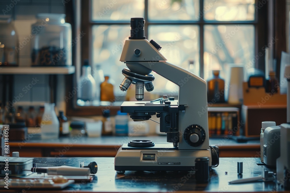 A microscope is on a table in a lab, scientific laboratory A microscope is on a table in a lab, scientific laboratory