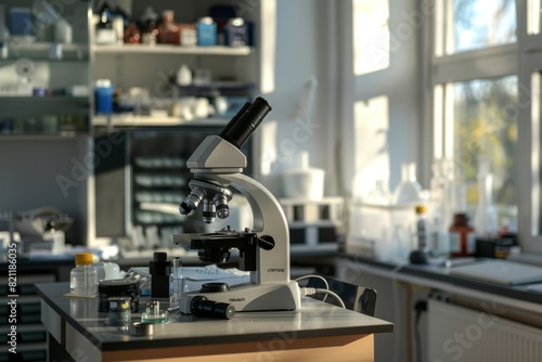 A microscope sits on a table in a laboratory photo