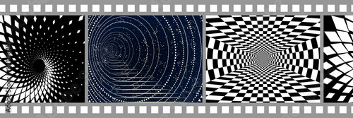 Film Strip. Black-White and Color footage. Seamless Geometric Pattern. Optical Psychedelic Illusion. Raster. 3D Illustration