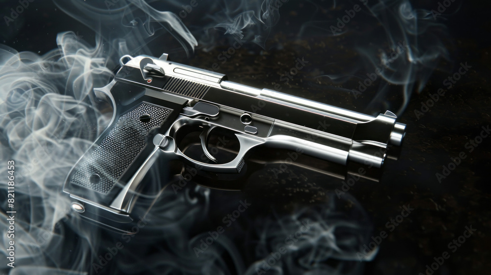 A silver gun is shown with smoke coming out of it A silver gun is shown with smoke coming out of it
