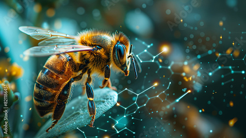 A bee elegantly perched on a leaf, surrounded by digital patterns, symbolizing the intersection of nature and technology.