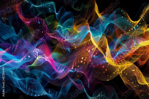abstract colorful vibrant swirls of sound waves, visualization of music and audio sound isolated on black