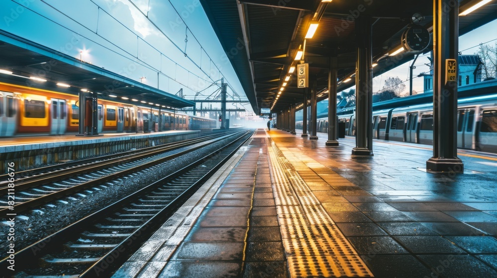 Empty platform at a train station with an approaching electric train. Empty platform at a train station with an approaching electric train.