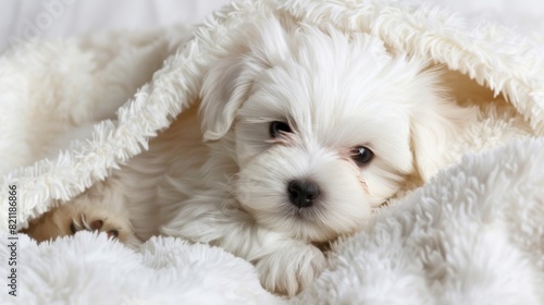 Endearing maltese puppy with a fluffy white coat, looking cute and innocent.