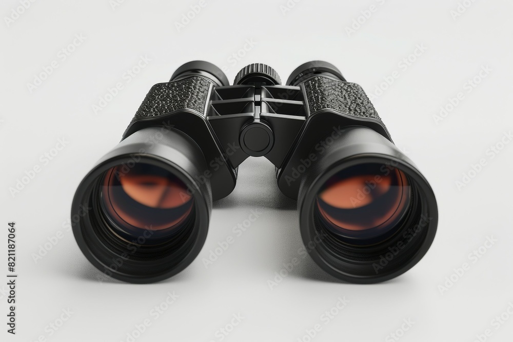 A pair of binoculars with black strap and a black lens A pair of binoculars with black strap and a black lens