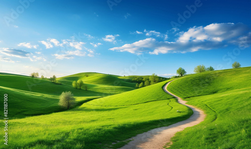 A scenic winding road through a green grass field in a hilly area in the morning at dawn against a blue sky with clouds. Natural panoramic spring summer landscape.