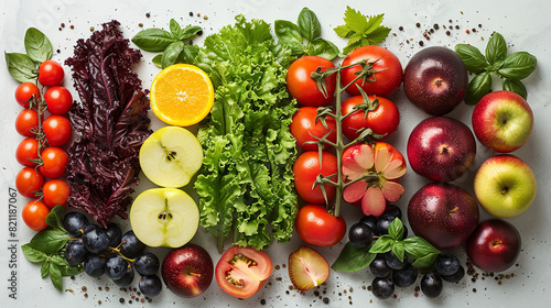 A vibrant assortment of fresh fruits and vegetables  including tomatoes  apples  grapes  lettuce  and an orange.