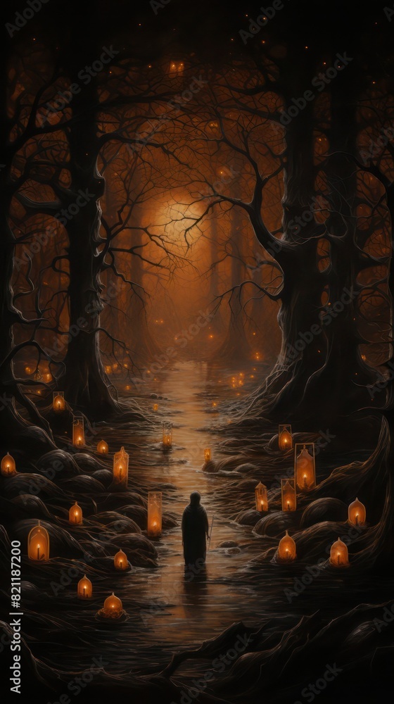 Obraz premium Lonely small human walks through a lost black forest and witchy lights at night under a full moon to nowhere.